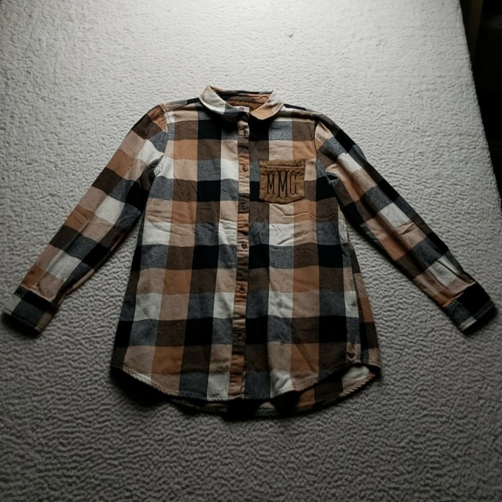 MarleyLilly Button Up Shirt Womens M Brown Plaid Flannel Long Sleeve Tunic Top